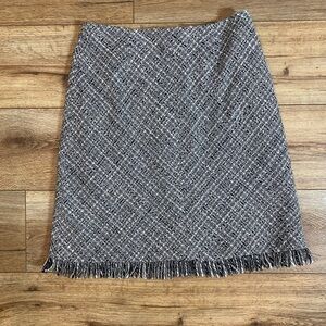 Apostrophe preppy dark-academia woven tweed coquette wool skirt fringe hem